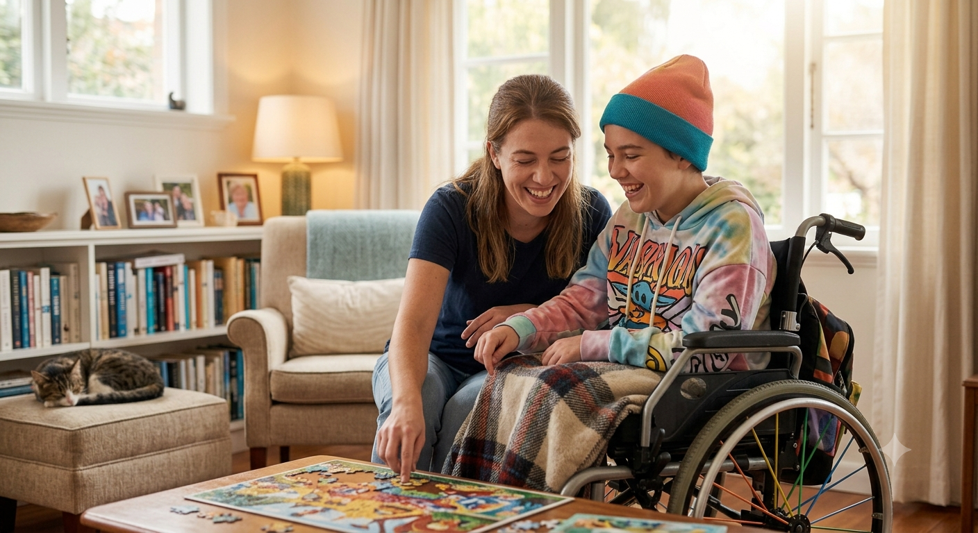 Support worker spending time with a person at home